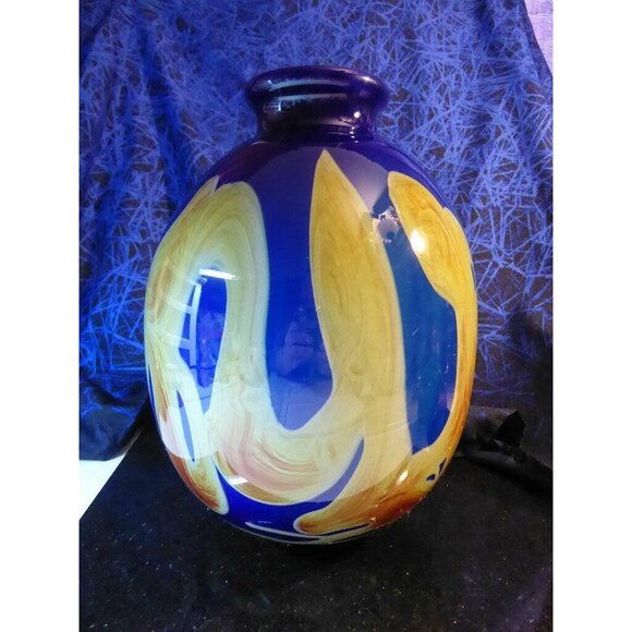 Big Deep Blue & Yellow Art Glass Vase Signed Dick Huss